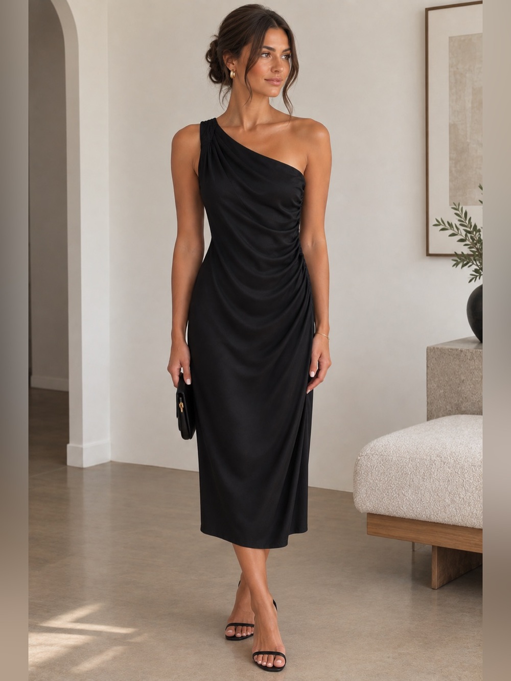 H&M One-Shoulder Black Draped Women’s Dress